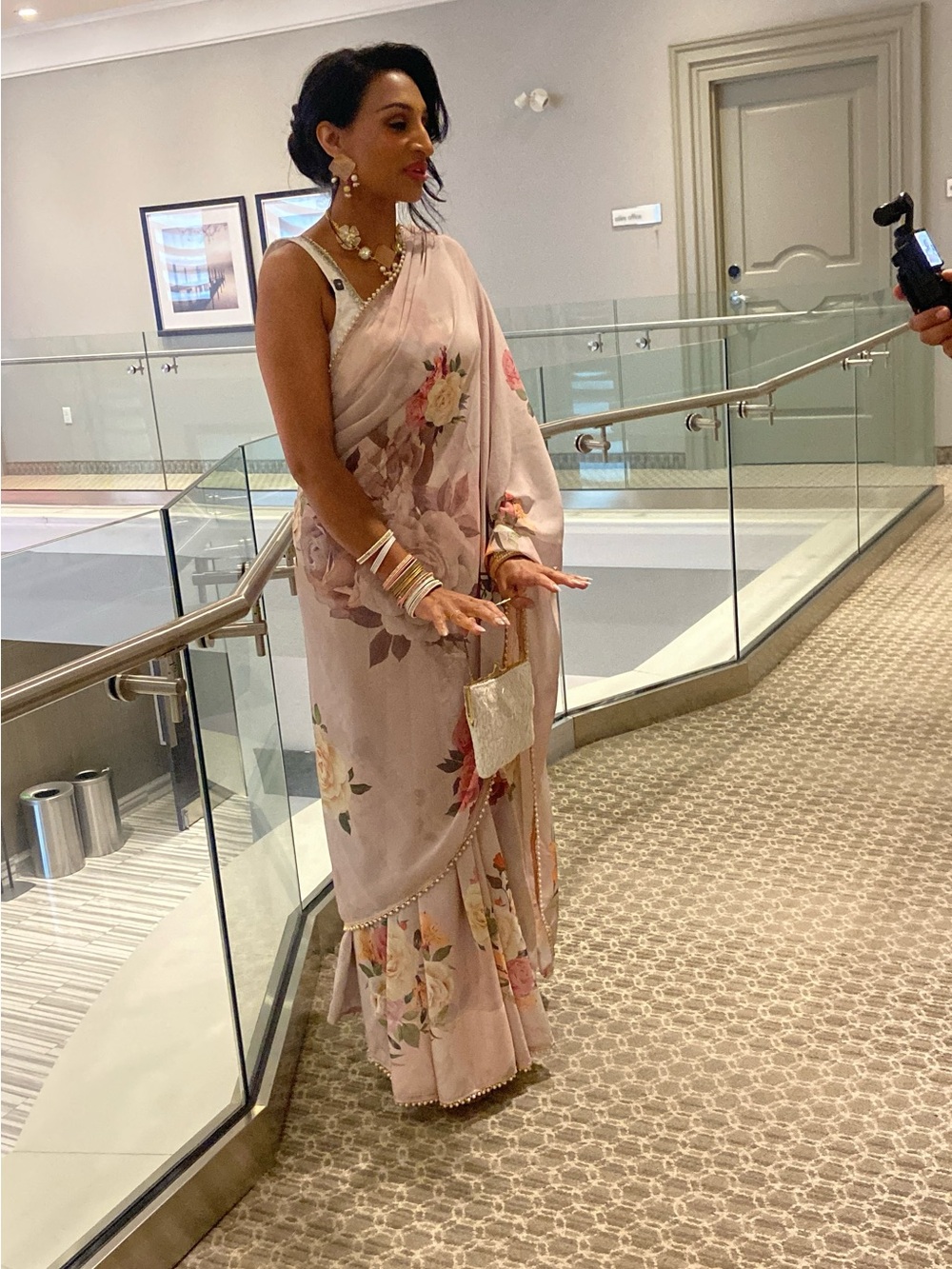 Floral Pink Linen Saree with Pearl Trim